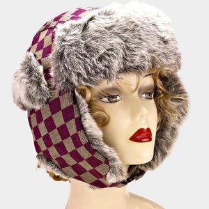Checkered Faux Fur Ear Flap Winter Hat